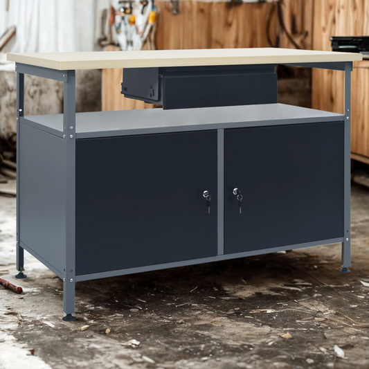 Werkbank 120x60 cm Schwarz – mit Schublade & abschließbaren Schränken, 300 kg belastbar