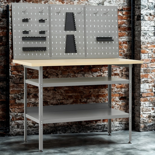 Werkbank mit 3 Werkzeugwänden – Schwerlast-Arbeitstisch 120 cm inkl. Stecktafeln